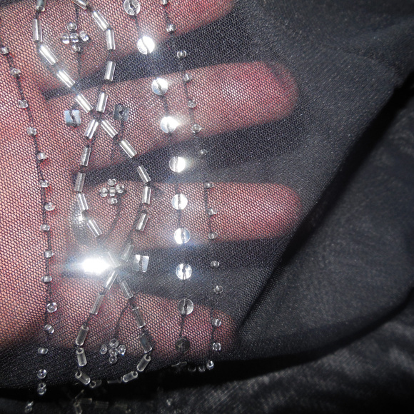 Blouse MEDIUM V-neck Slim Fit Top Medium Sheer Black Beaded long sleeve - Picture 5 of 5